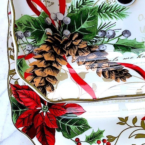 222 FIFTH  “HOLIDAY WISHES” 2 TIERED SERVING TRAY POINSETTIA PINECONES SCRIPT - Picture 5 of 11